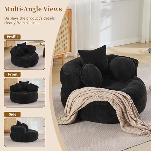 Image of WUTUTUEE Round Oversized Chair Floor Sofa Chair, Chenille Compressed Circle Chaise Lounge, No Assembly Boneless Barrel Chair, Lazy Bean Bag Couch Accent Chair for Living Room, Bedroom, Dorm,Black