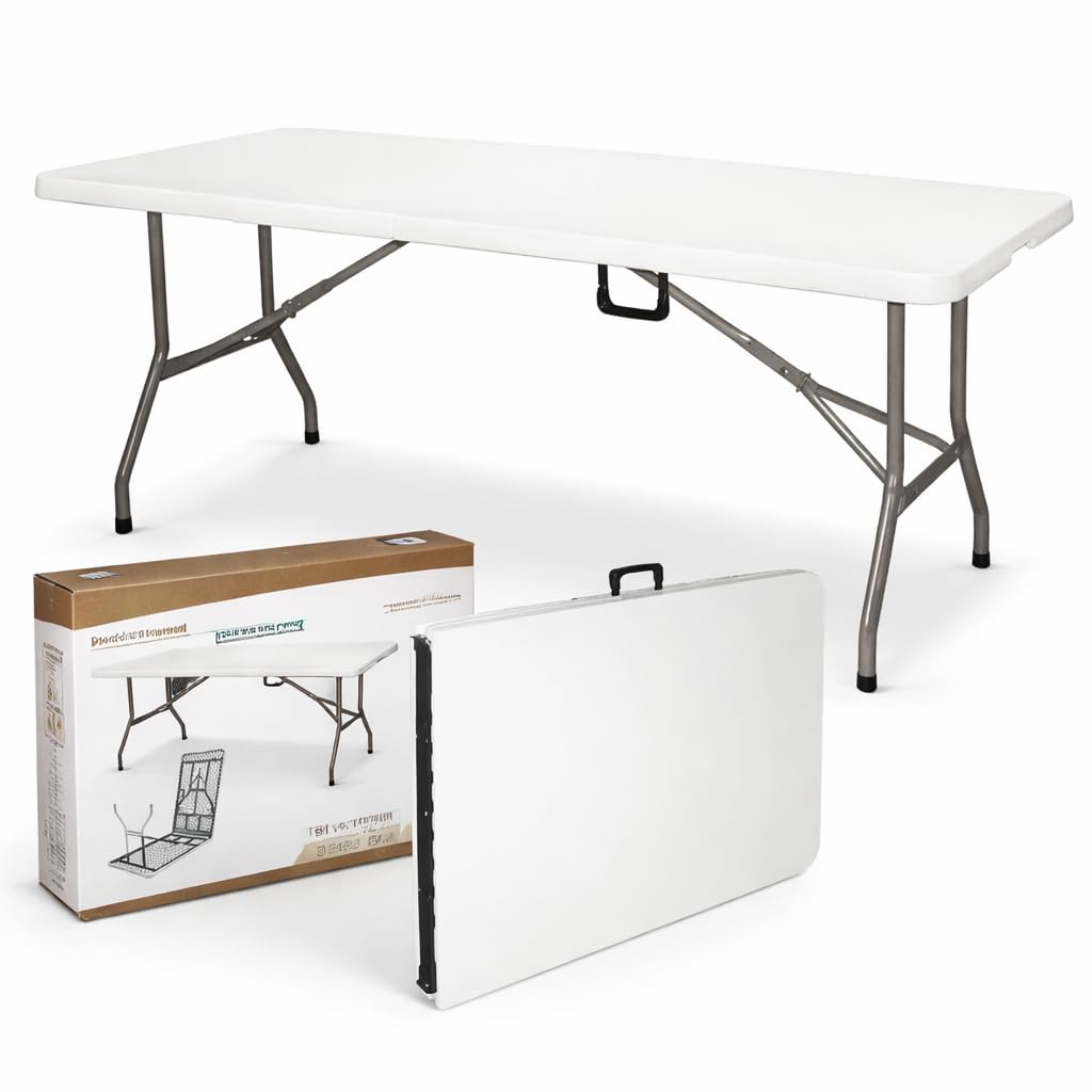 Tavolo Pieghevole Richiudibile a Valigia 181x74x74 cm - Struttura Acciaio, Piano HDPE Impermeabile, Portata 150 kg, Maniglia Trasporto, Piedini Antiscivolo - Tavolo Salvaspazio per Casa, Giardino