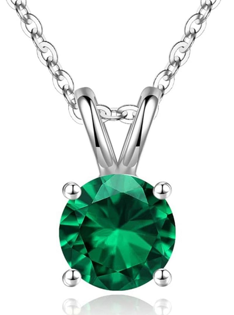 1pc Adabele Real Sterling Silver May Birthstone Necklace 18 inch 8mm Green Emerald Round Cut Solitaire Cubic Zirconia CZ Stone Pendant Anniversary