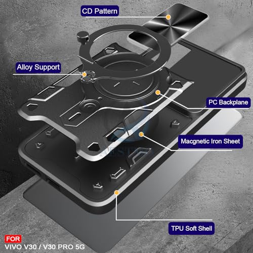 Image of AESTMO Armor Vivo V30 / V30 Pro 5G Bumper Back Case Cover | Ring Holder & CD Pattern Sliding Camera Shutter Cover | 360 Degree Protection Back Case Cover for Vivo V30 / V30 Pro 5G (Black)