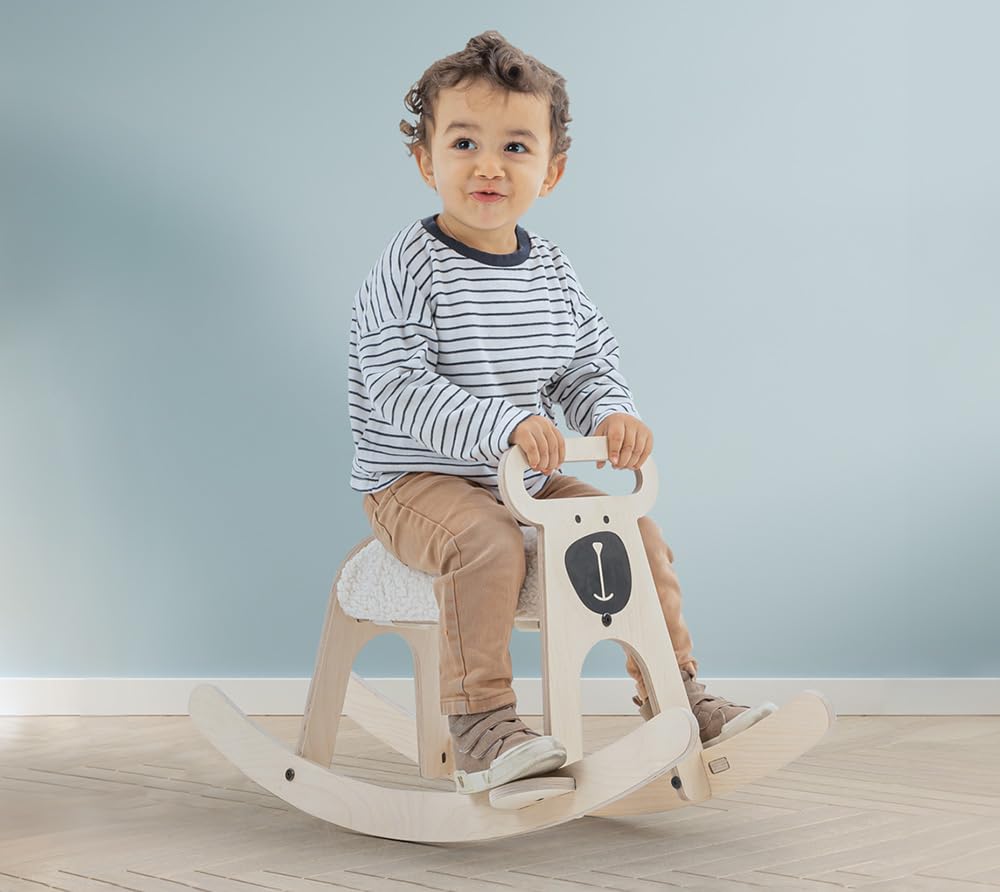 Mamatoyz 06POBE Pony Cavallo a Dondolo Giocattolo Cavalcabile per Bambini in Legno Naturale Multistrato di Betulla con Sedile in Morbida Spugna Orsetto Cavalluccio a Dondolo