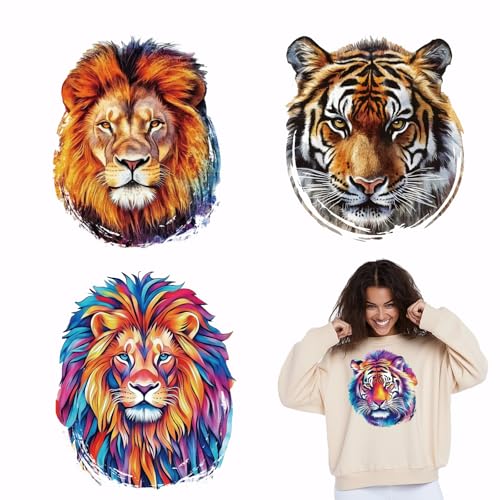 SUPERDANT 4 pièce de Transfert Textile Thermocollant Lion et Tigre Patchs de Transfert de Chaleur pour Animaux Décalcomanies à Repasser Lavables Papier de...