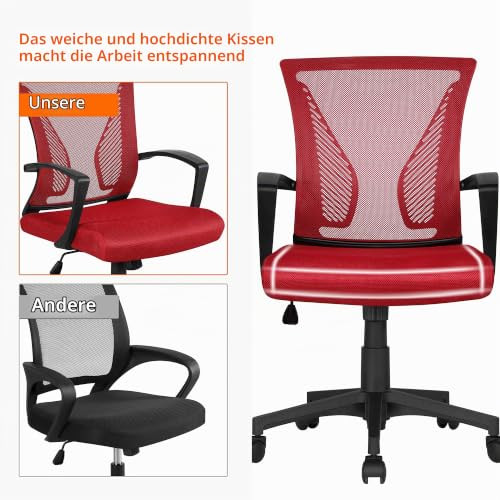 Yaheetech Bürostuhl Ergonomisch mit Netzbespannung Atmungsaktiv, Rot – Ansicht 6