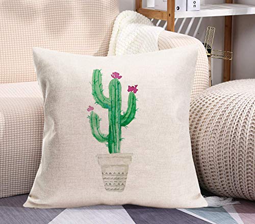 Xihomeli Green Plant Cushion Case 18X18 Inch Cotton Linen Watercolor Cartoon Succulent Cactus Cacti Throw Pillow Covers With Purple Flowers Hand-Painted Pot Pillowcase (Purple Cactus, 18"X18") #TOP2