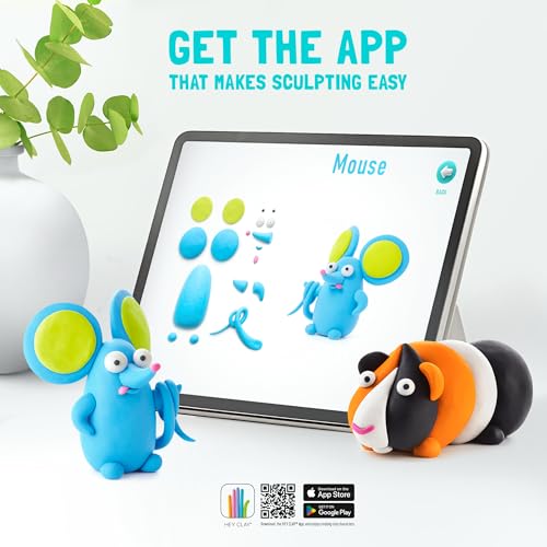 Hey Clay Fluffy Pets – Claymate Meerschweinchen – bunte Modelliermasse, lufttrocknender Ton für Kinder, lufttrocknender Ton-Set, 3 Dosen mit lustiger, interaktiver App