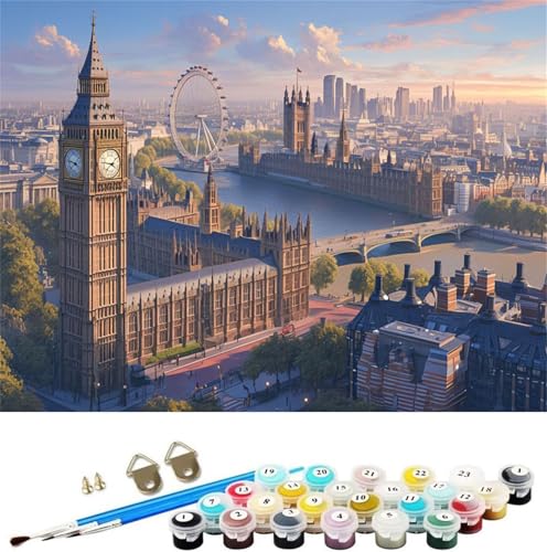 Peinture Numero Adulte Londres Peinture par Numero Enfant fleur Peinture au Numéro,DIY Creatif Adulte Toile Peinture à l'huile Kits,Acryliques et Pinceaux,Débutants et Femme Cadeaux 30x20cm M-1198