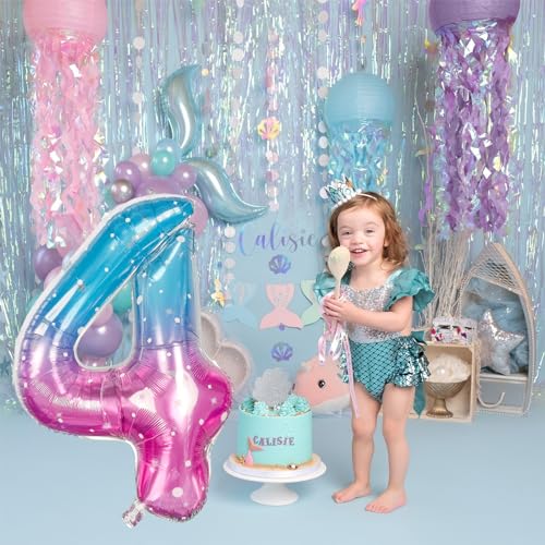 Image of Purple Teal Number 4 Balloons, 40 In Large Mermaid Starry Number 4 Mylar Foil Helium Balloons for Girls, Self Inflating Rainbow Number Four Balloon for Women 4th Birthday Anniversary Party Decoration