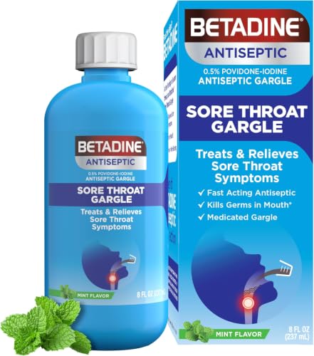 Image of Betadine Sore Throat Relief Gargle, 8 Oz, Fast Acting Antiseptic with Povidone-Iodine 0.5%, Sore Throat Medicine, Mint Flavor (Pack of 12)