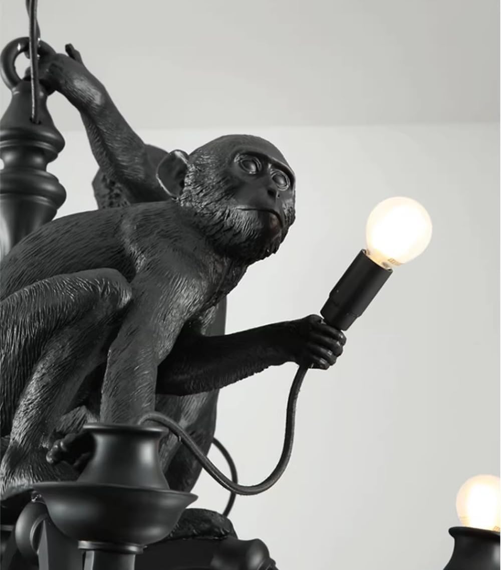 5-Lights Three Monkeys Chandelier Lighting Modern Art Resin Black Monkey Hanging Lamps for Living Room Villa Hall Lobby Bar, Large Animal Decor Light Fixture (Black Monkeys lamp)