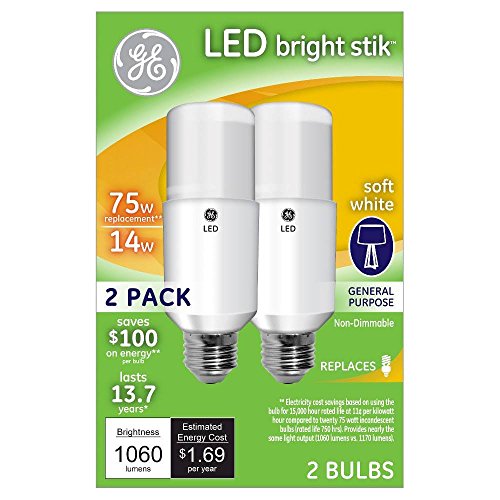 GE Lighting 32295 LED Bright Stik 14-watt (75-Watt Replacement), 1060-Lumen Light Bulb with Medium Base, Soft White, 2-Pack