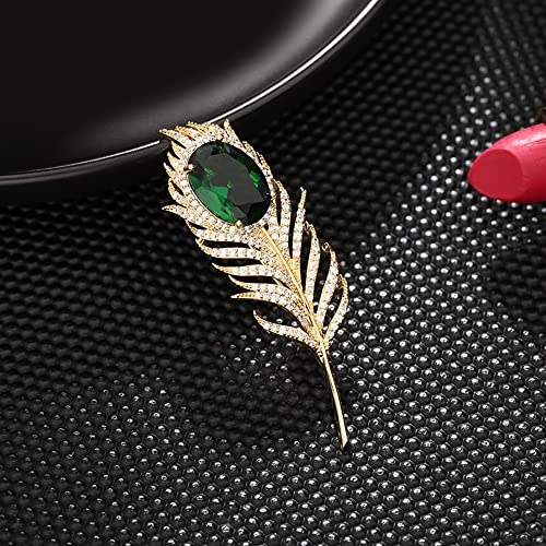 Image of 14K Golden Plated Feather Brooch Pin for Women Men With Simulated Emerald Cubic Zirconia Rhinestone Lapel Suit Badges Brooches Pins Fashion Delicate Corsage Scarfts Jewelry Gifts Wedding Birthday