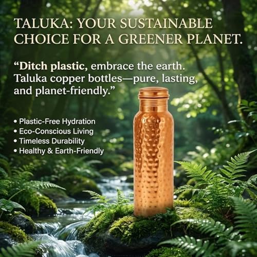 Image of Taluka 100% Real Pure Copper Water Bottle For Drinking 34 OZ /1000 ML Hammered Copper Bottle With Straw Handcrafted Leak Proof Design Ayurveda Health Benefits For Yoga Office Travel Gym