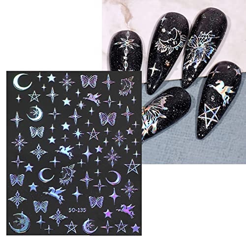 6 Sheets Star Moon Butterfly Nail Art Sticker, 3D Self-Adhesive Laser Starlight, Moon, Butterfly Nail Decals For Diy Women Nail Decoration #TOP2