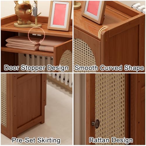 Cache-radiateur en bois et rotin 113 cm avec étagères réglables