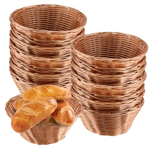 PINGEUI 16 Pcs Bread Baskets Bulk, 7 Inch Plastic Round Basket Bread Serving Baskets, Brown Small Woven Baskets for Food, Fruit, Vegetables, Restaurant