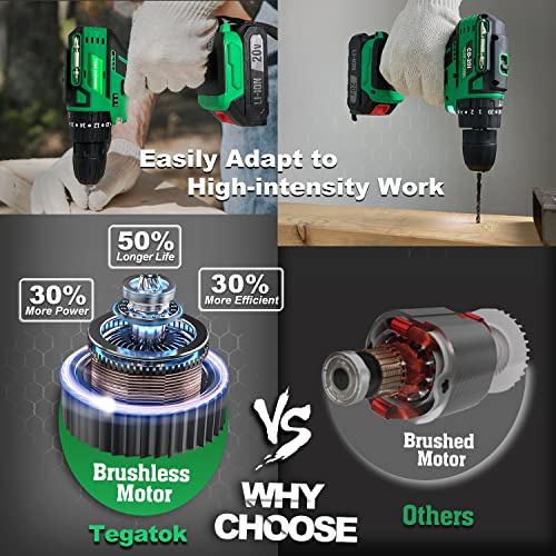 Tegatok Cordless Drill, Power Drill Set With Charger And 2 X 2.0Ah Li-Ion Batteries, Brushless Drill With 400 In-Lbs Torque, 2 Variable Speeds And Safety Lock #TOP1
