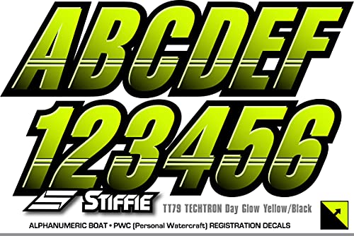 Image of STIFFIE Techtron Day Glow Yellow /Black 3 inch Boat & PWC Registration Decals • Numbers Letters Stickers