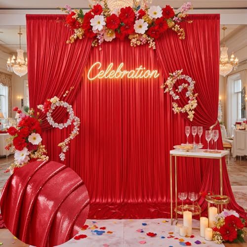 Image of 20x10 ft Wrinkle Free Red Sequin Backdrop Curtain for Parties-Thick Not Fall-Off Glitter Backdrop Drapes-2 Panels 5x10ft Shimmer Photo Back Drop Cloth for Wedding Birthday Photography Background