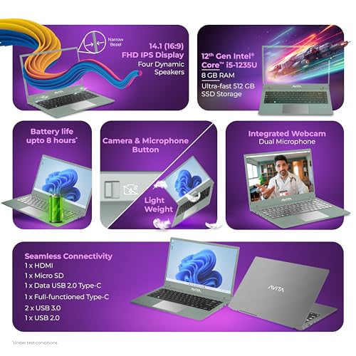 Avita Liber E with 12th Gen Intel core i5 1235U Upto 4.40 GHz 8GB RAM 512GB SSD Expandable Upto 2TB 12MB Smart Cache Intel® UHD Graphics 14.1" FHD Display Windows 11 Home Silver 1.53 Kg Thin & Light view 2