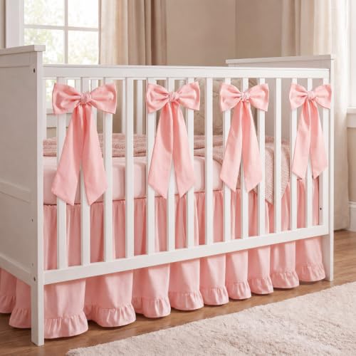 Image of Smoothnovelty Pink Crib Bed Skirts with 4 Large Cot Bow 28 inch x 52 inch, 14 inch Drop