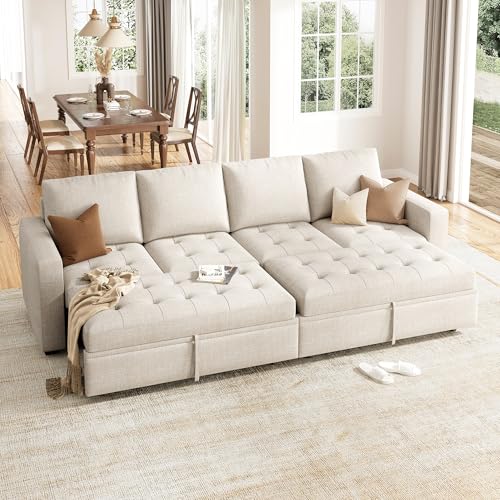 Image of HONBAY Modular Sectional Sleeper Sofa with Pull Out Bed, Linen Convertible Sectional Couches for Living Room,Beige