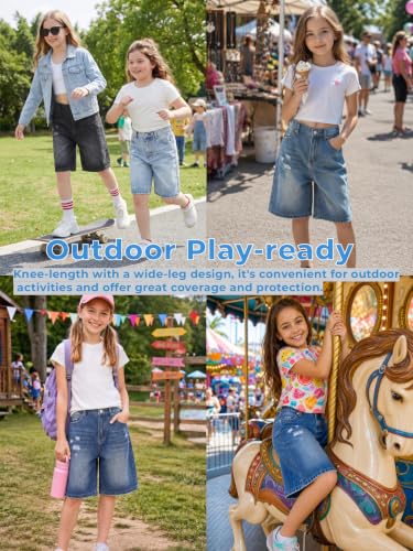 Image of Girls Shorts Elastic Waist Jorts Denim Jean Shorts Ripped Knee Length Bermuda Shorts for Kids Teen Girls Summer