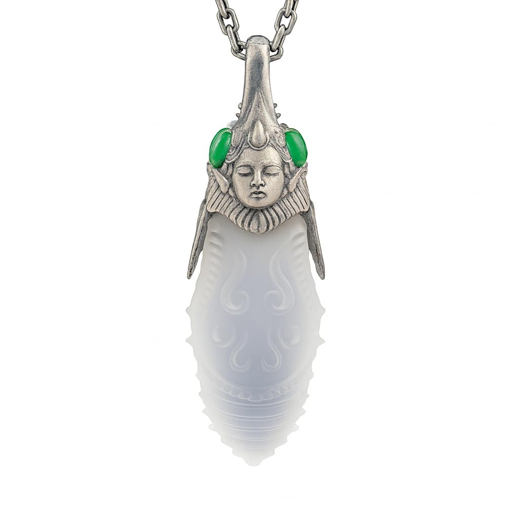 Generisch Geschnitzter Bergkristall Anhänger aus 925 Silber mit grünem Chalcedon im Gothic Totem Stil, Geschenk für sie oder spirituelle Fans