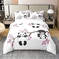 Cute Panda 100% Cotton Duvet Cover for Boys Children Cartoon Giant Panda Bedding 100% Cotton Set Cherry Blossoms Decor Lover Animal Quilt Cover Bedroom Collection 3Pcs King Size Zipper