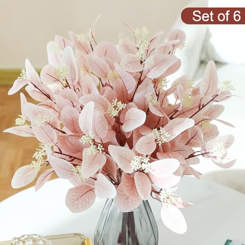 Image of TIED RIBBONS Pack of 6 Artificial Eucalyptus Flowers Bunches (Pink, 19.6 Inch) - for Vase Pot Home Decoration Home Decor Living Room Side Table Centerpiece (Vase not Included)