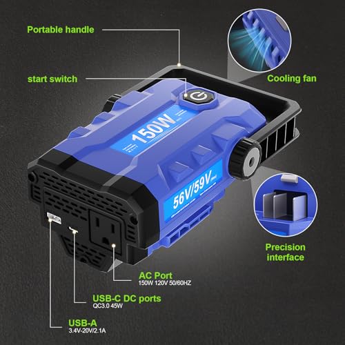 Image of 56V 150W Power Inverter Compatible with EGO 56V Lithium Battery BA1400 BA2800 BA4200, Portable Power Source with Dual USB Ports & AC Outlet for Outdoor Camping, Emergency Backup(Battery Not Included)
