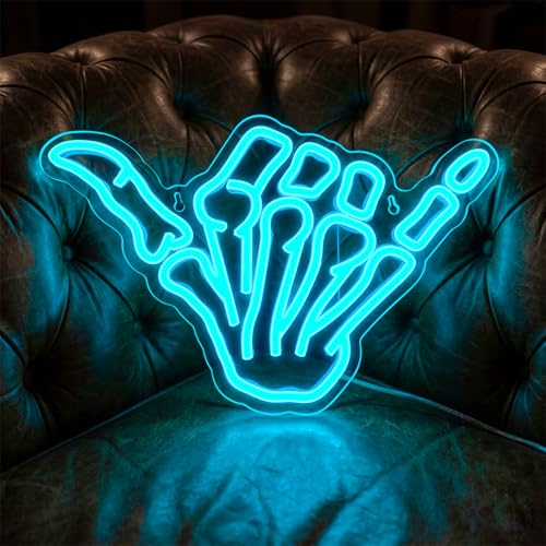 Image of Skeleton Hand Neon Sign,Shaka Skull Hand Neon Signs for Wall Decor Bedroom Home Decor Bar USB Powered LED Neon Light Art Neon Wall Sign Decoration Light(blue)
