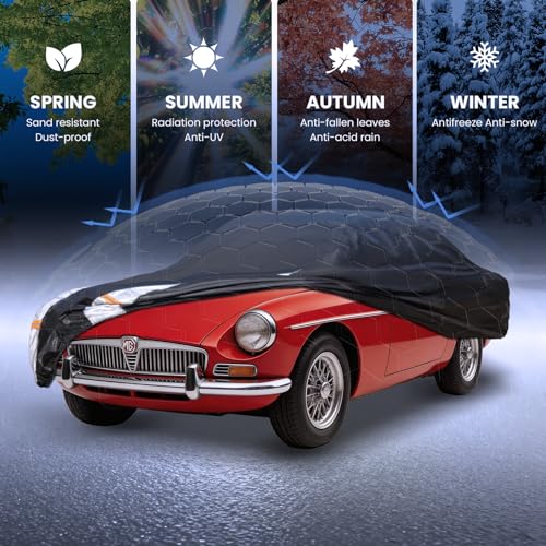Image of Multi-Layer Car Cover Custom Fit for MG MGB(1962-1981), 100% Waterproof All Weather for Automobiles, Gift with Towel, Heavy Duty Car Covers for Rain Sun UV Protection with Door Zipper