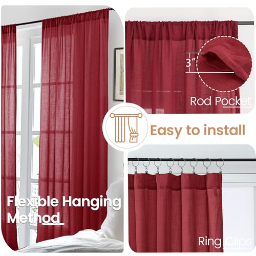 Image of BGment Burgundy Linen Kitchen Curtains for Window Over Sink, Short Semi Sheer Drapes for Bathroom Cafe Over Sink with Rod Pocket Lightweight, 2 Panels Set, Each 30 Inch Wide