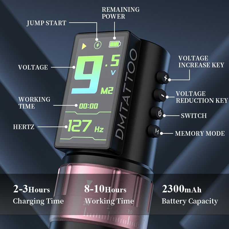 Penna rotativa per tatuaggi wireless - Alimentatore da 2300 mAh con corsa regolabile a 7 livelli da 2,4-4,2 mm, uscita 4-12 V, motore da 9000 giri/min e display LED