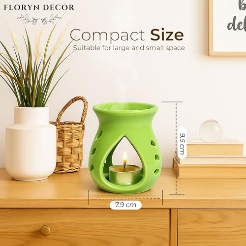 Image of Floryn Decor Ceramic Diffuser with Free 2 Tealight Candles | Home Fragrance, Spa, Office & Yoga | Aromatherapy Gift Set of 2 (Green)