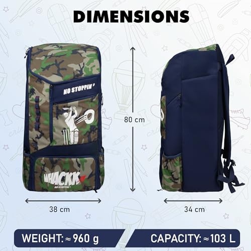 Image of WHACKK Kallis 103L Unisex Cricket Kit Bag Backpack | Adult Size | 2 Bat | Shoe /Helmet Pocket | Main Compartment 18 inch Leg Pad |2 Bottle Holder | Easy Access Pocket | Player Edition Senior (Brown Navy)