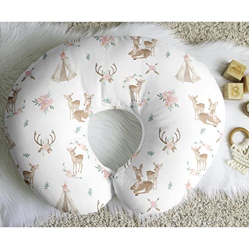 Image of Sweet Jojo Designs Woodland Deer Floral Nursing Pillow Cover Breastfeeding Pillowcase for Newborn Infant Bottle Breast Feeding Pillow NOT Included - Blush Pink Mint Green Boho Watercolor Forest Animal