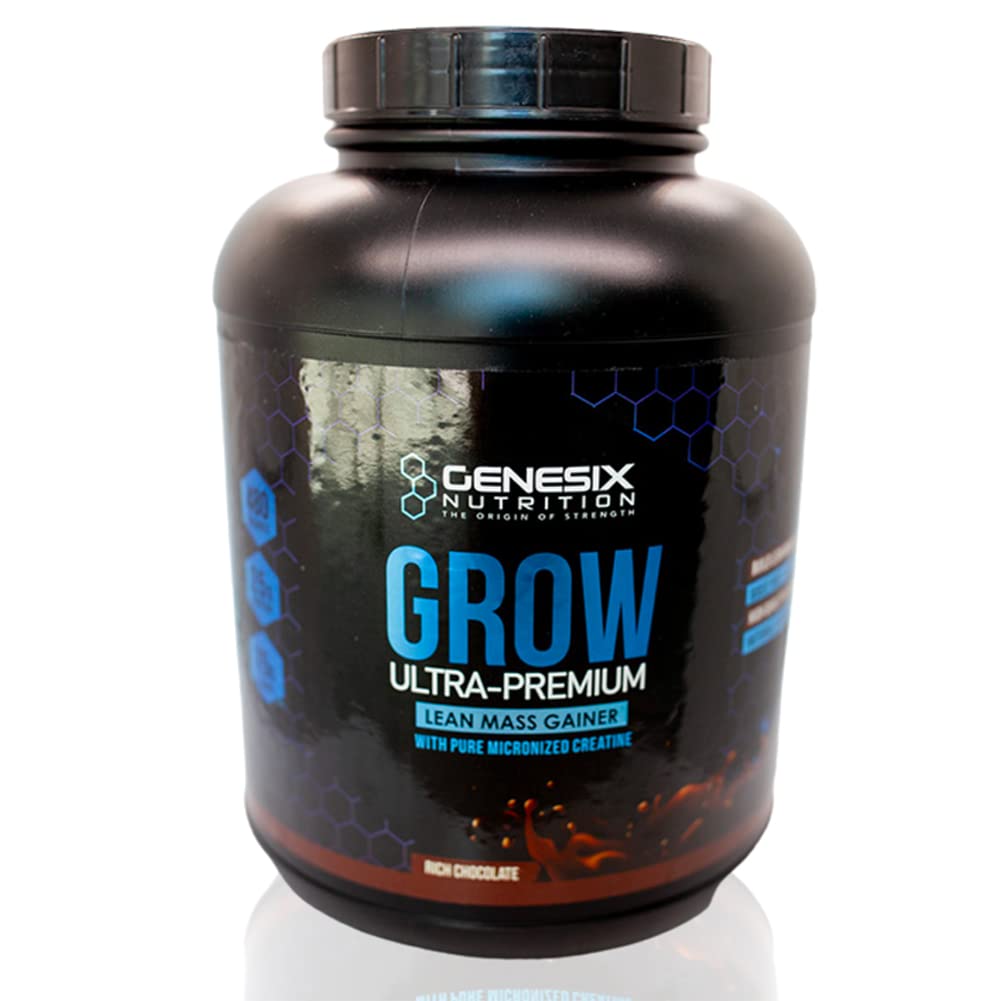 Proteína en polvo para el crecimiento de GENESIX NUTRITION, suplemento dietético que favorece el crecimiento y la recuperación muscular | Creatina micronizada pura, ultra premium, para ganar masa muscular magra | Chocolate | 20 raciones (5,3 kg)