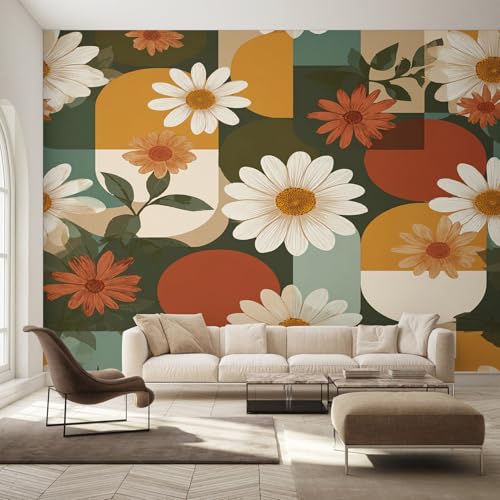 Générique Papier Peint Panoramique Moderne du Milieu du Siècle, Papier Peint Rétro Années 70 Fleur 200 x 140 cm, Photo Décoration Murale, Papiers Peints Intissé Décoration Murale Salon Chambre EL&D76