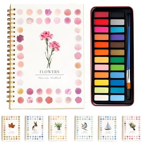 Watercolor Workbook - Coloring Book Beginner Friendly Painting Kit Watercolor Workbooks for Adults with 24 Colors Paint Exploration Gift for Adults Teens (Rose)