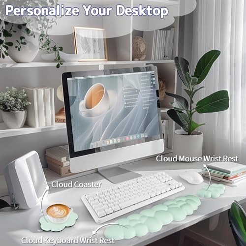 Image of Sushret Cloud Wrist Rest Keyboard, Cloud Keyboard Wrist Pad Set with PU Leather Memory Foam, Cute Arm Rest for Palm Support, PC /Gaming Desk Accessories /Office Setup /Computer Hand Cushion - Light Green