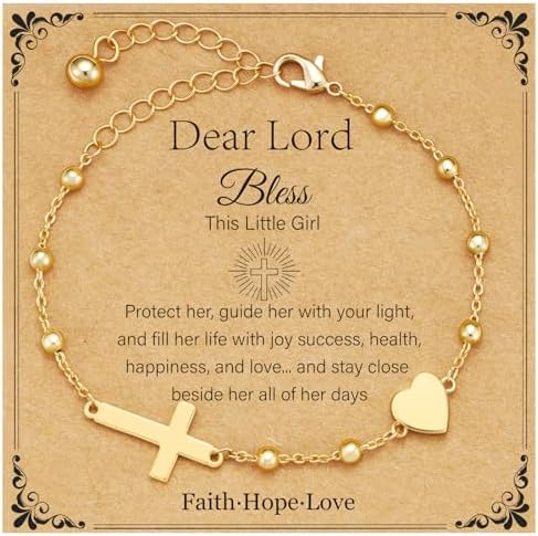 Esirly Easter Basket Stuffers - Christian Cross Heart Bracelet for Women,14K Gold Plated Confirmation Baptism First Communion Jewelry Gifts for Women (Bless)