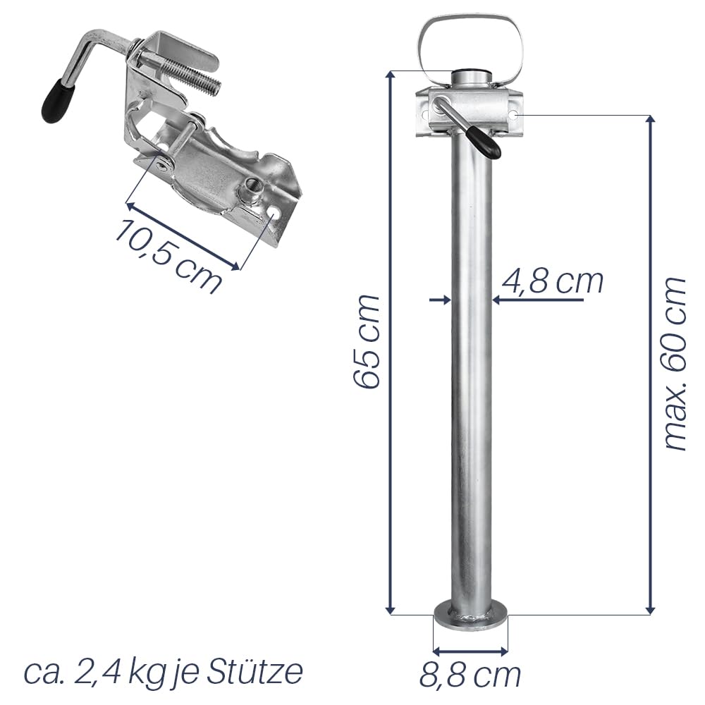 Trucky Set de 2 crics de remorque avec Pinces, 300 kg, Acier galvanisé, Hauteur réglable de 60 cm 600 mm, 48 mm