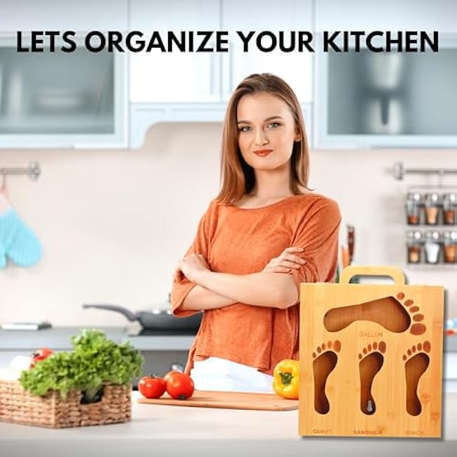 Bamboo 4 in 1 Zip Lock Bag Organizer, 12¡± Wall Mounted Kitchen Storage Organization Holder | Ziplock Bag Organizer Bundle for Kitchen Drawer