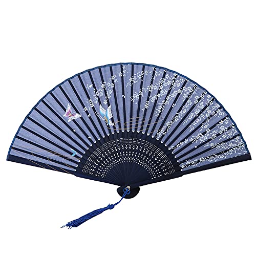 Abanico plegable de madera de mariposas hecho a mano de estilo vintage japonés, abanico de mano decorativo hueco de madera maciza para mujeres, niñas, damas, decoración de oficina (Azul oscuro)