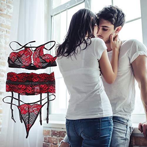 ARTIBETTER 3 Peças Femininas Halter Lingerie Sutiã Sexy Calcinha G Cordão Cinta-Liga de Renda Bodysu