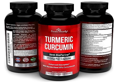 Turmeric Curcumin with BioPerine Black Pepper Extract - 755mg per Capsule, 120 Veg. Capsules - GMO Free Tumeric, Standardized to 95% Curcuminoids for Maximum Potency