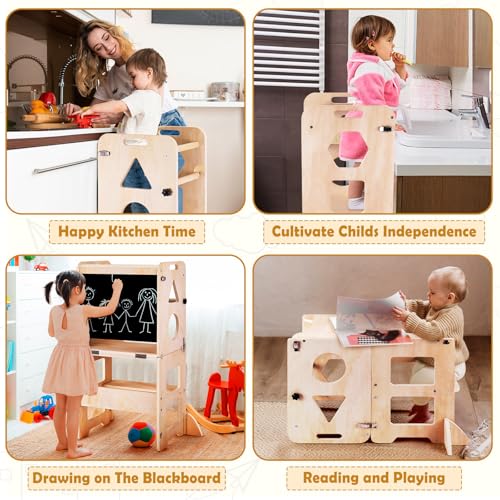 image for Woodure 4-in-1 Toddler Kitchen Step Stool, Foldable Learning Standing 