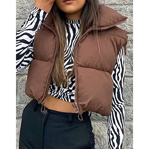 Hixiaohe Women\'s Winter Crop Vest Puffer Lightweight Stand Collar Padded Vest Zip Up Sleeveless Jacket(Brown,M)
