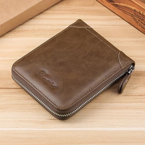 Men's Wallet, Zip Leather Wallet, Front Pocket Card Holder, Men's Gift, RFID（khaki-A）